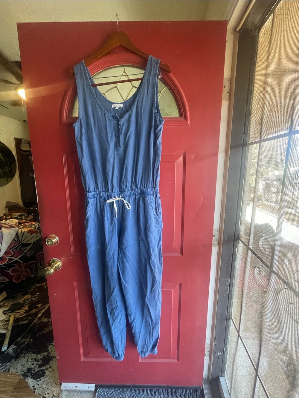 On The Road Blue Sleeveless Drawstring Jumpsuit